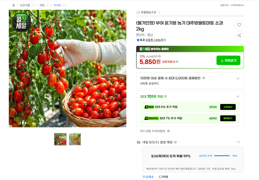 부여 윤기봉 농가 대추방울토마토 소과 2kg 무배