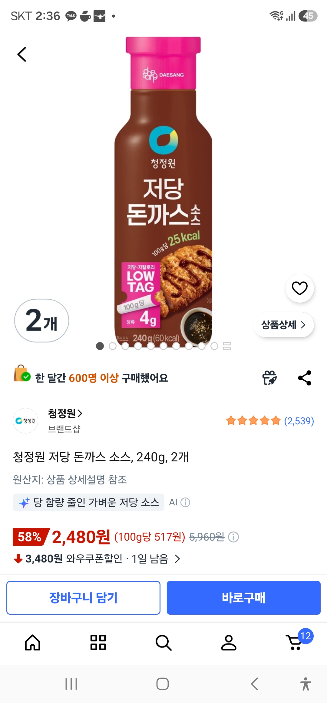 청정원 저당 돈까스 소스, 240g, 2개
