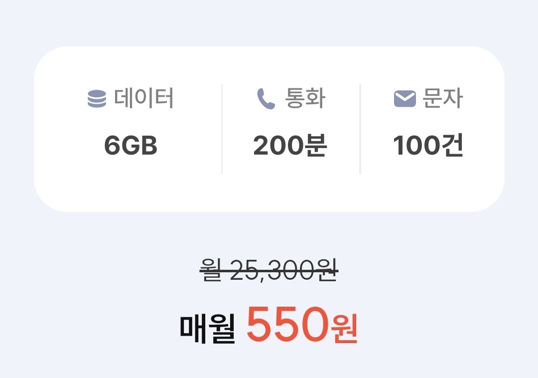 SKT망. 통화 200분, 데이터 6GB