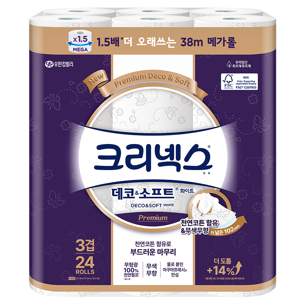 크리넥스 데코앤소프트 화장지 3겹 38m 24롤