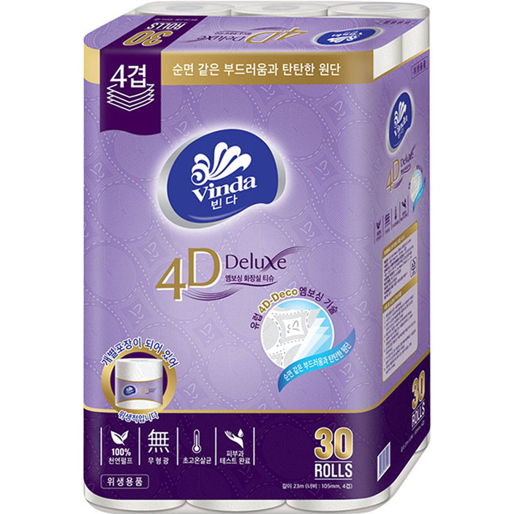 빈다 4D 디럭스 엠보싱 화장실 티슈 23m 30롤 × 2팩