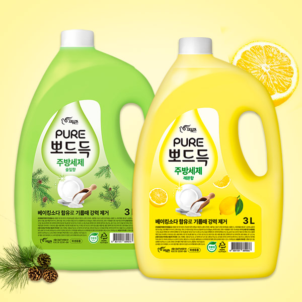 피죤 퓨어 뽀드득 주방세제, 레몬향 3L 1개 + 솔잎향 3L 1개, 2개