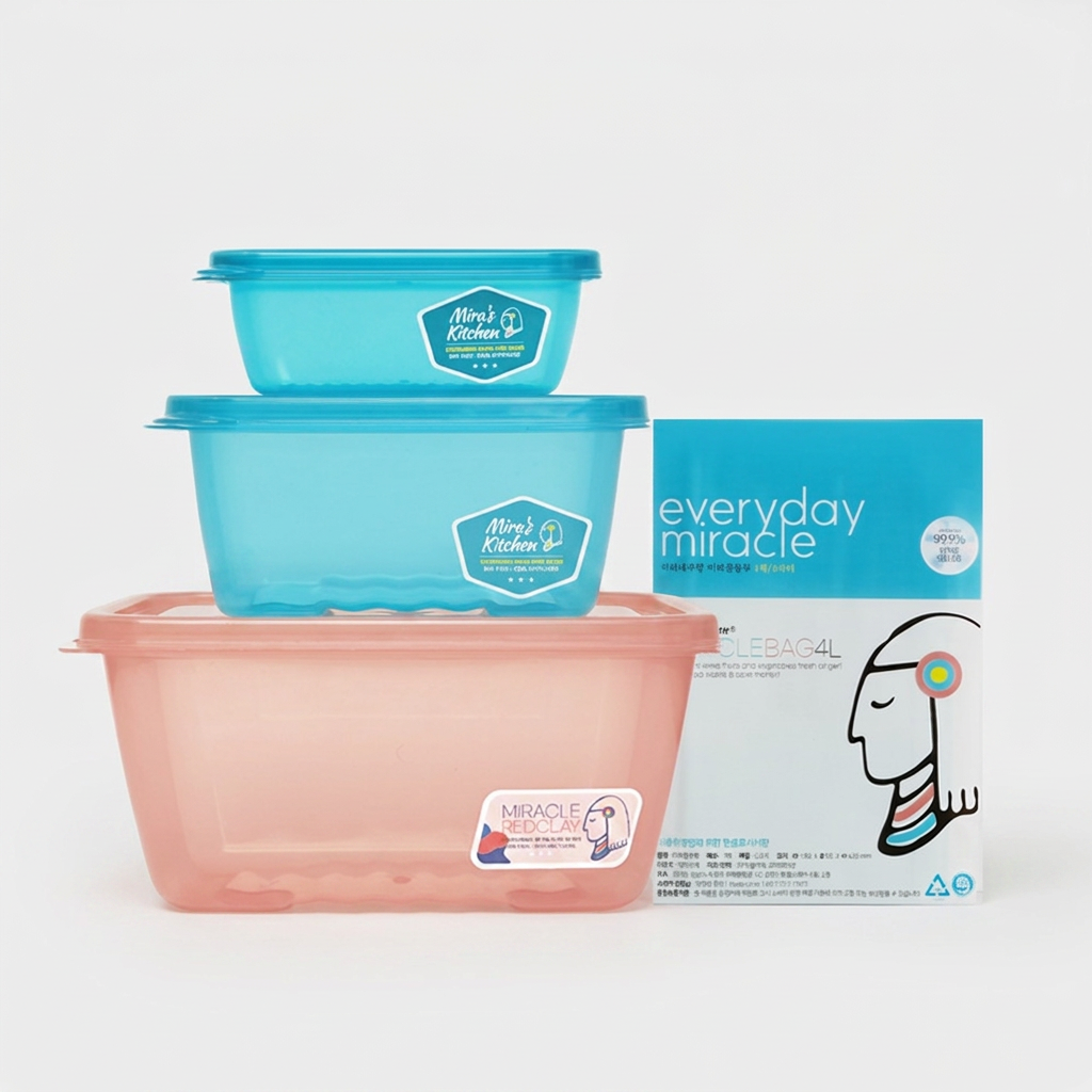 미라네주방 신선 밀폐용기, 오리지널 320ml + 오리지널 750ml + 황토 1.8L, 1세트 + 증정 미라클 봉투, 4L, 1개