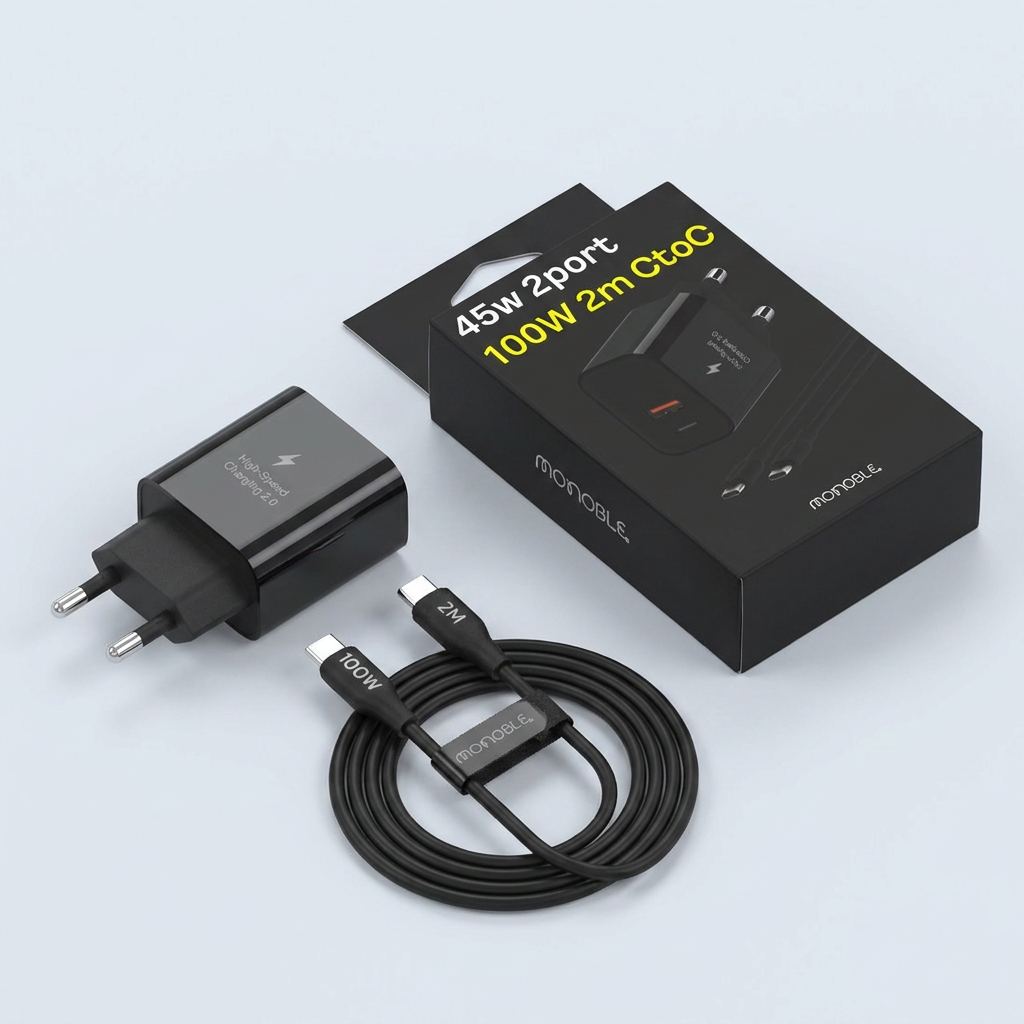 모노블 45W 2포트 초고속 충전기 + 100W 2m CtoC 케이블 세트, 블랙, 1개